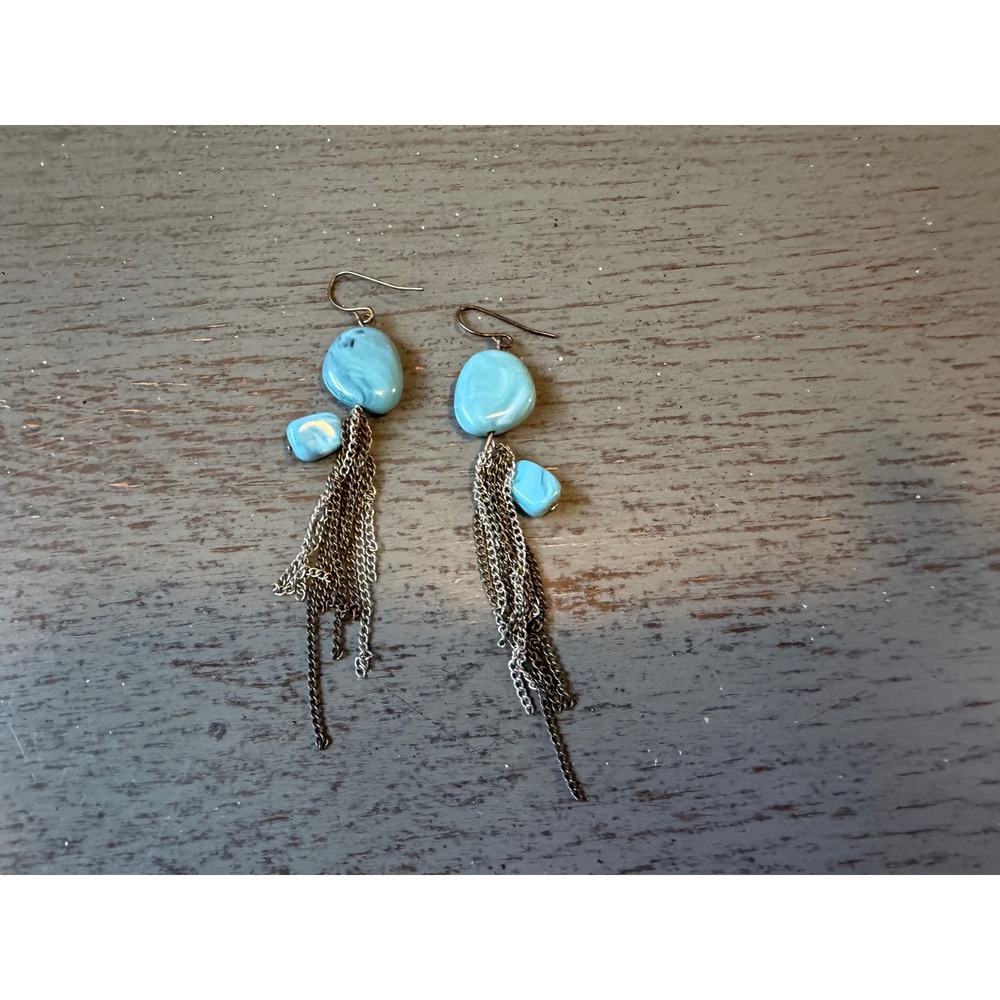 Turquoise Blue Marbled Stone Tassel Earrings Gunmetal Chain Fringe Boho Drop